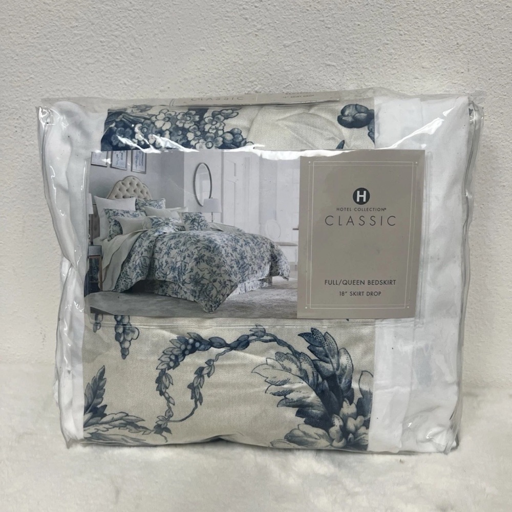 HOTEL COLLECTION CLASSIC BOTANICAL TOILE FULL/QUEEN BEDSKIRT BIRD FLOWER BLUE